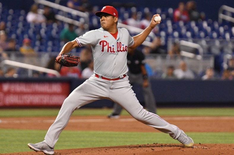 Sep 4, 2021; Miami, Florida, USA; Philadelphia Phillies pitcher Ranger Suarez (55) throws against the Miami Marlins during the first inning at loanDepot Park. Mandatory Credit: Jim Rassol-USA TODAY Sports