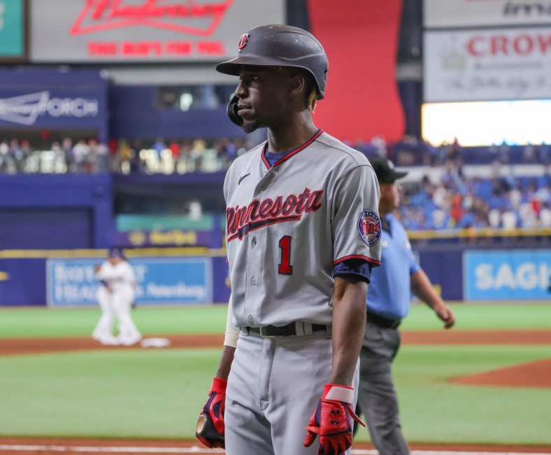 Sep 4, 2021; St. Petersburg, Florida, USA; Minnesota Twins shortstop Nick Gordon (1) walks to the dugout after loosing to the Tampa Bay Rays at Tropicana Field. Mandatory Credit: Mike Watters-USA TODAY Sports