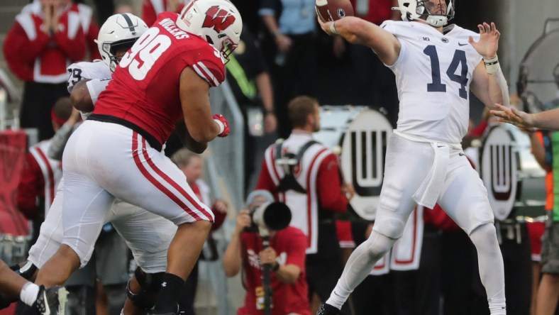 Penn State quarterback Sean Clifford (14) airs out a pass during the third quarter of their game against Wisconsin  Saturday, September 4, 2021 at Camp Randall Stadium in Madison, Wis. Penn State beat Wisconsin 16-10.

Uwgrid05 16