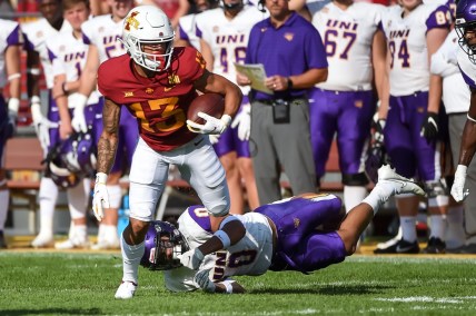 Sep 4, 2021; Ames, Iowa, USA;  Iowa State Cyclones wide receiver Jaylin Noel (13) runs from Northern Iowa Panthers defensive back Jevon Brekke (0) in the first half at Jack Trice Stadium. Mandatory Credit: Steven Branscombe-USA TODAY Sports