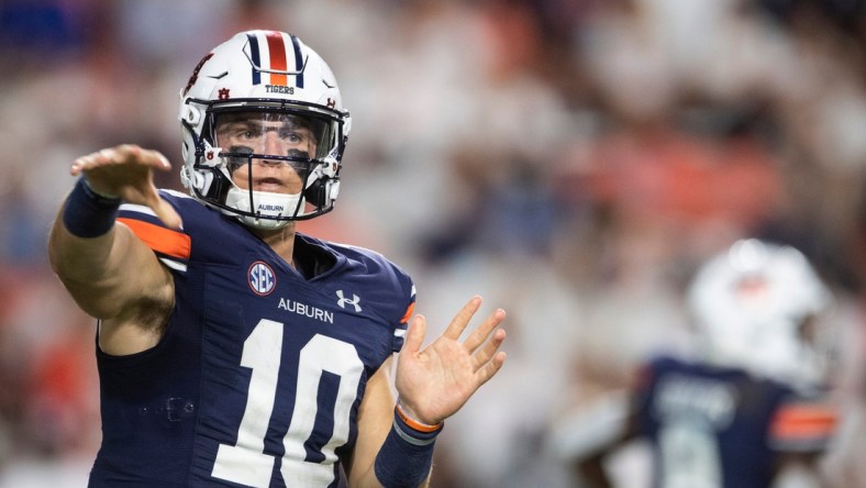 Auburn Tigers quarterback Bo Nix (10) throws the ball at Jordan-Hare Stadium in Auburn, Ala., on Saturday, Sept. 4, 2021. Auburn Tigers leads Akron Zips 37-0.