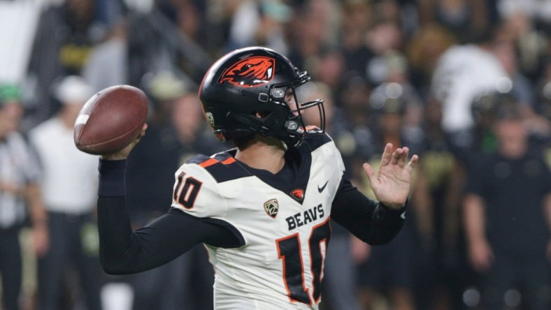 Oregon State quarterback Chance Nolan (10) throws during the third quarter of an NCAA college football game, Saturday, Sept. 4, 2021 at Ross-Ade Stadium in West Lafayette.

Cfb Purdue Vs Oregon State