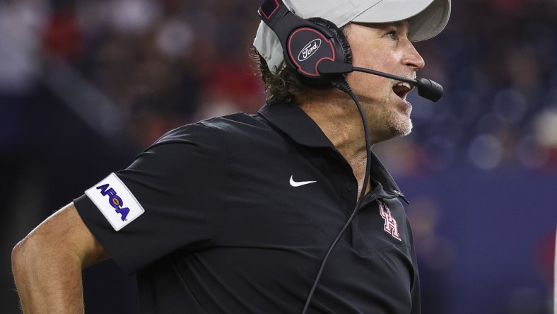 Sep 4, 2021; Houston, Texas, USA; Houston Cougars head coach Dana Holgorsen reacts during the first half against the Texas Tech Red Raiders at NRG Stadium. Mandatory Credit: Troy Taormina-USA TODAY Sports