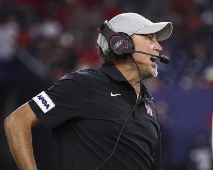 Sep 4, 2021; Houston, Texas, USA; Houston Cougars head coach Dana Holgorsen reacts during the first half against the Texas Tech Red Raiders at NRG Stadium. Mandatory Credit: Troy Taormina-USA TODAY Sports