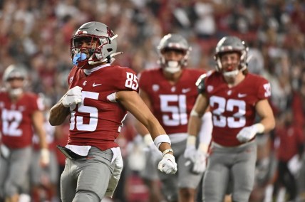 Sep 4, 2021; Pullman, Washington, USA; Washington State Cougars Lincoln Victor (85) celebrates a tackle on special team during a game against the Utah State Aggies in the second half at Gesa Field at Martin Stadium. The Aggies26-23. Mandatory Credit: James Snook-USA TODAY Sports