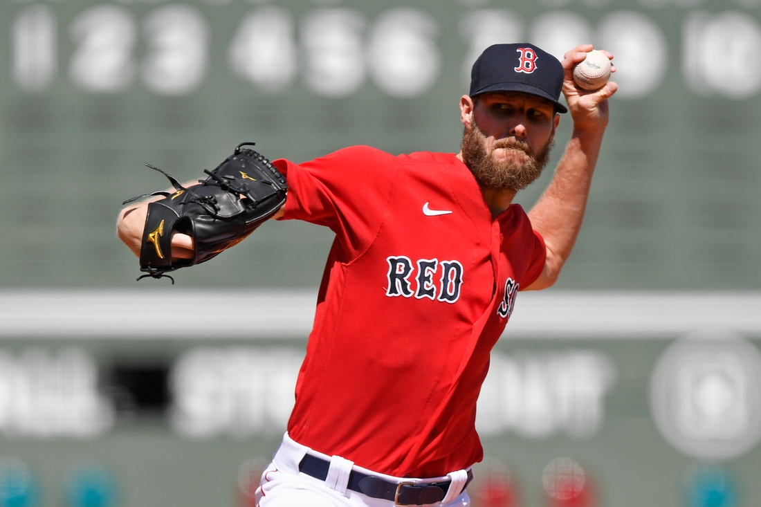 Sep 6, 2021; Boston, Massachusetts, USA; Boston Red Sox starting pitcher Chris Sale (41) pitches against the Tampa Bay Rays during the first inning at Fenway Park. Mandatory Credit: Brian Fluharty-USA TODAY Sports