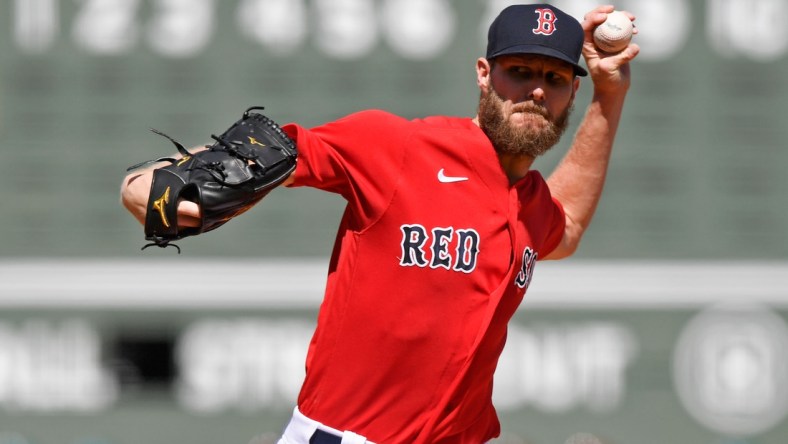 Sep 6, 2021; Boston, Massachusetts, USA; Boston Red Sox starting pitcher Chris Sale (41) pitches against the Tampa Bay Rays during the first inning at Fenway Park. Mandatory Credit: Brian Fluharty-USA TODAY Sports