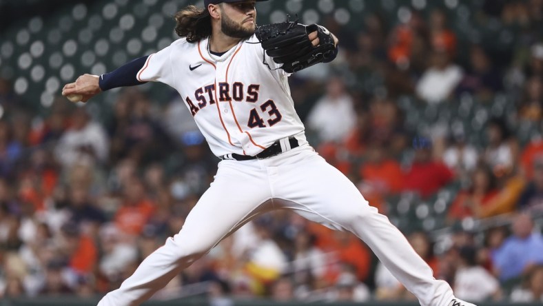 Sep 6, 2021; Houston, Texas, USA; Houston Astros starting pitcher Lance McCullers Jr. (43) delivers against the Seattle Mariners during the first inning at Minute Maid Park. Mandatory Credit: Troy Taormina-USA TODAY Sports