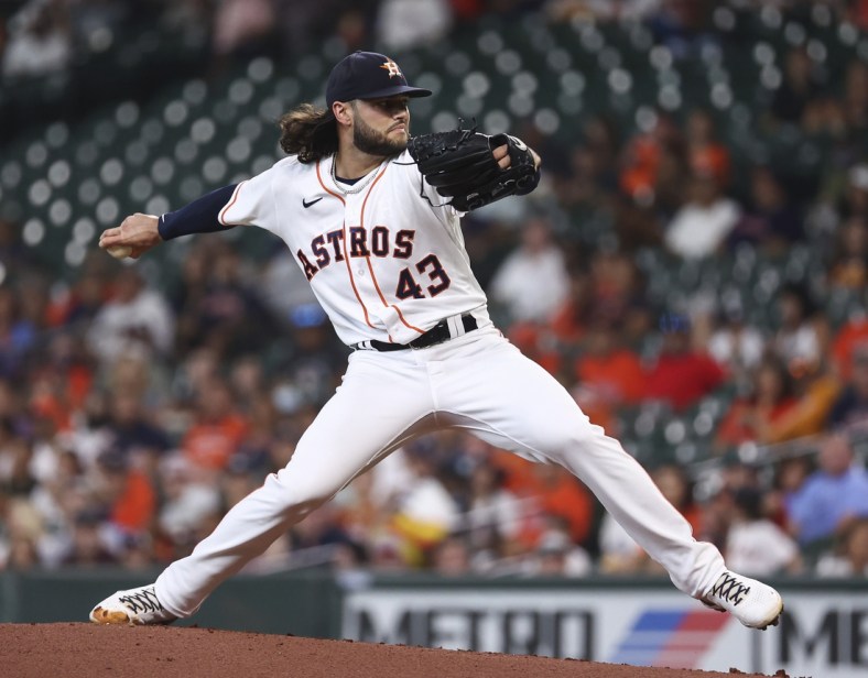 Sep 6, 2021; Houston, Texas, USA; Houston Astros starting pitcher Lance McCullers Jr. (43) delivers against the Seattle Mariners during the first inning at Minute Maid Park. Mandatory Credit: Troy Taormina-USA TODAY Sports