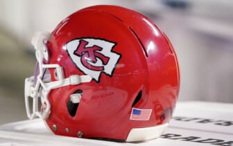 August 27, 2021;  Kansas City, Missouri, United States;  A general view of a Kansas City Chiefs helmet during the game against the Minnesota Vikings at GEHA Field at Arrowhead Stadium.  Mandatory Credit: Denny Medley-USA TODAY Sports