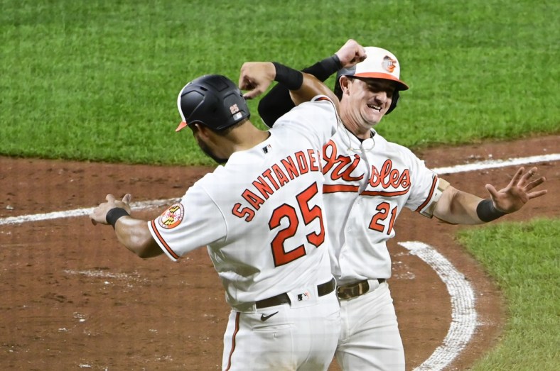 Sep 7, 2021; Baltimore, Maryland, USA;  Baltimore Orioles right fielder Austin Hays (21) celebrates with right fielder Anthony Santander (25)after hitting a two run home run ion the third inning against the Kansas City Royals  at Oriole Park at Camden Yards. Mandatory Credit: Tommy Gilligan-USA TODAY Sports