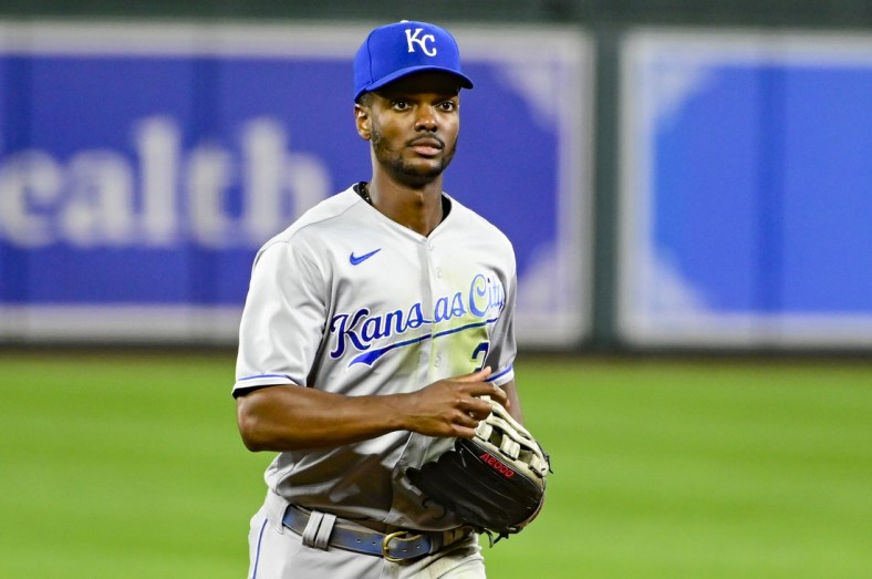 Sep 7, 2021; Baltimore, Maryland, USA;  Kansas City Royals center fielder Michael A. Taylor (2) runs off the field after the sixth inning against the Baltimore Orioles at Oriole Park at Camden Yards. Mandatory Credit: Tommy Gilligan-USA TODAY Sports