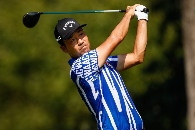 Aug 27, 2021; Owings Mills, Maryland, USA; Kevin Na plays his shot from the second tee during the second round of the BMW Championship golf tournament. Mandatory Credit: Scott Taetsch-USA TODAY Sports