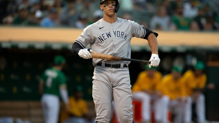 Aug 29, 2021; Oakland, California, USA; New York Yankees right fielder Aaron Judge (99) takes his turn at bat against the Oakland Athletics during the eighth inning at RingCentral Coliseum. Mandatory Credit: D. Ross Cameron-USA TODAY Sports