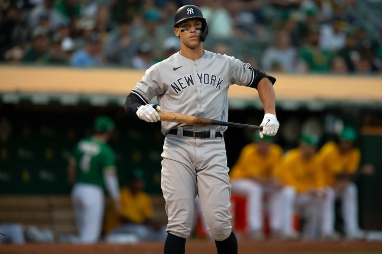 Aug 29, 2021; Oakland, California, USA; New York Yankees right fielder Aaron Judge (99) takes his turn at bat against the Oakland Athletics during the eighth inning at RingCentral Coliseum. Mandatory Credit: D. Ross Cameron-USA TODAY Sports