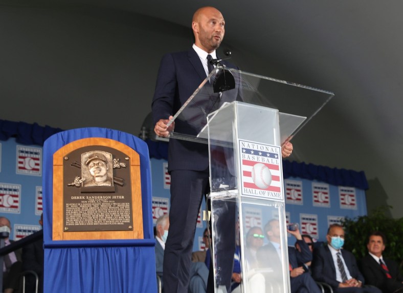 Derek Jeter speaks to the crowd during his induction ceremony at the Baseball Hall of Fame in Cooperstown, New York Sept. 8, 2021. The former shortstop spent his entire 20 year career in pinstripes as a New York Yankee.

Derek Jeter Inducted Into Baseball Hall Of Fame