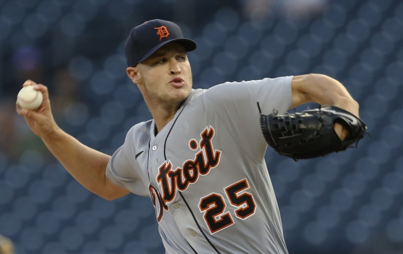 Sep 8, 2021; Pittsburgh, Pennsylvania, USA;  Detroit Tigers starting pitcher Matt Manning (25) delivers a pitch against the Pittsburgh Pirates during the first inning at PNC Park. Mandatory Credit: Charles LeClaire-USA TODAY Sports
