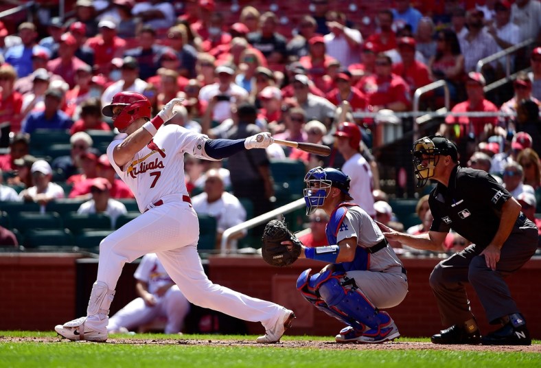 Sep 9, 2021; St. Louis, Missouri, USA;  St. Louis Cardinals catcher Andrew Knizner (7) hits a one run double during the second inning against the Los Angeles Dodgers at Busch Stadium. Mandatory Credit: Jeff Curry-USA TODAY Sports