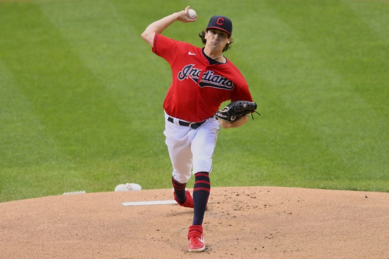 Sep 9, 2021; Cleveland, Ohio, USA; Cleveland Indians starting pitcher Cal Quantrill (47) delivers against the Minnesota Twins in the first inning at Progressive Field. Mandatory Credit: David Richard-USA TODAY Sports