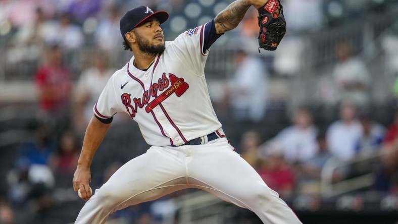 Sep 9, 2021; Cumberland, Georgia, USA; Atlanta Braves starting pitcher Huascar Ynoa (19) throws against the Washington Nationals during the first inning at Truist Park. Mandatory Credit: Dale Zanine-USA TODAY Sports