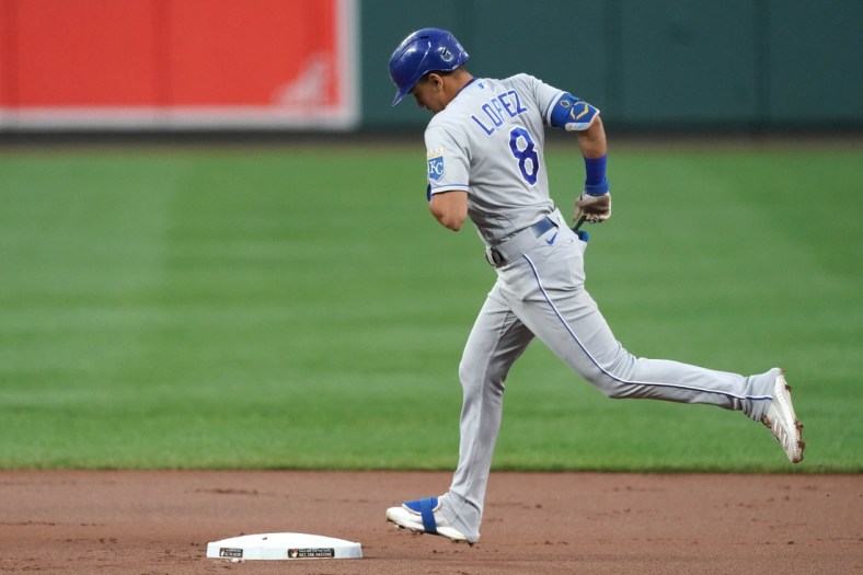 Sep 9, 2021; Baltimore, Maryland, USA; Kansas City Royals shortstop Nicky Lopez (8) rounds the bases after hitting a solo home run against the Baltimore Orioles in the first inning at Oriole Park at Camden Yards. Mandatory Credit: Mitch Stringer-USA TODAY Sports