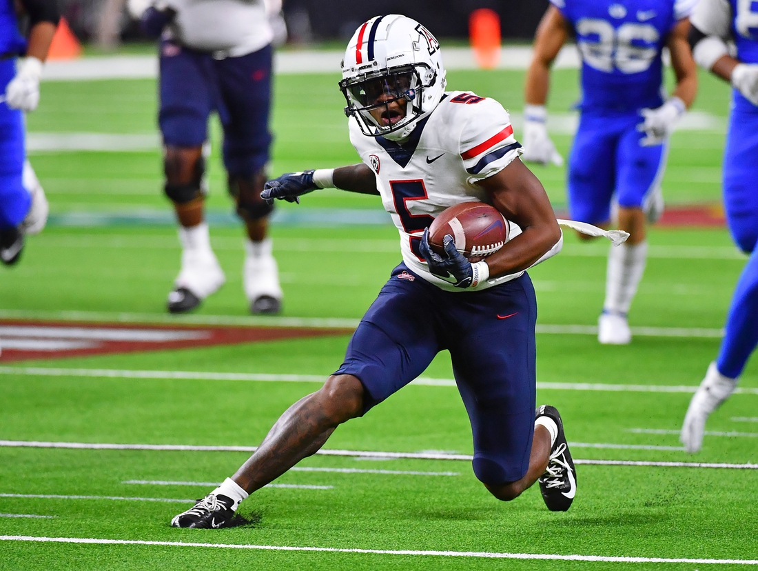 Sep 4, 2021; Paradise, Nevada, USA;  Arizona Wildcats wide receiver BJ Casteel (5) at Allegiant Stadium. Mandatory Credit: Stephen R. Sylvanie-USA TODAY Sports