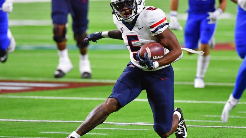 Sep 4, 2021; Paradise, Nevada, USA;  Arizona Wildcats wide receiver BJ Casteel (5) at Allegiant Stadium. Mandatory Credit: Stephen R. Sylvanie-USA TODAY Sports