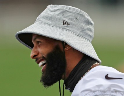 Cleveland Browns wide receiver Odell Beckham Jr. laughs on the sideline during NFL football training camp, Thursday, July 29, 2021, in Berea, Ohio.

Brownscamp30 9