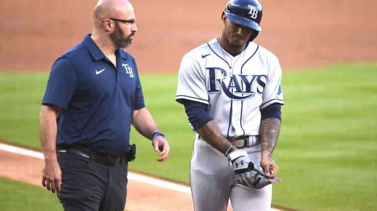 Sep 10, 2021; Detroit, Michigan, USA; Tampa Bay Rays shortstop Wander Franco (5) is taken out of the game during the first inning against the Detroit Tigers at Comerica Park. Mandatory Credit: Tim Fuller-USA TODAY Sports