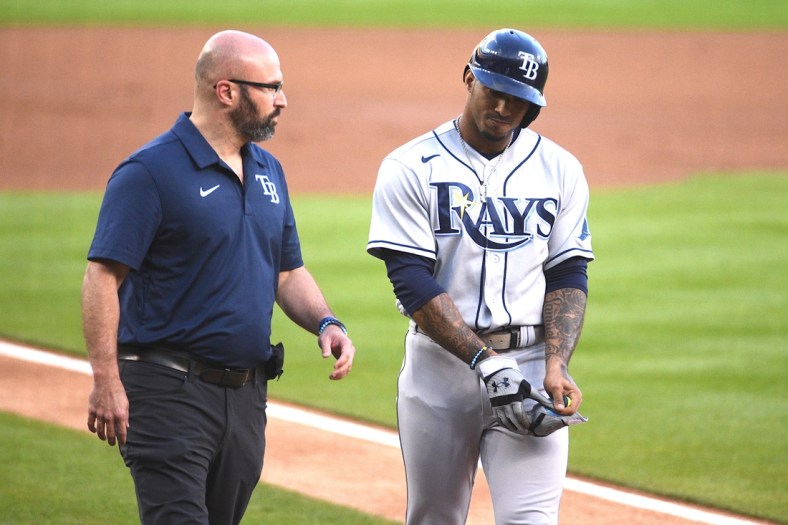Sep 10, 2021; Detroit, Michigan, USA; Tampa Bay Rays shortstop Wander Franco (5) is taken out of the game during the first inning against the Detroit Tigers at Comerica Park. Mandatory Credit: Tim Fuller-USA TODAY Sports