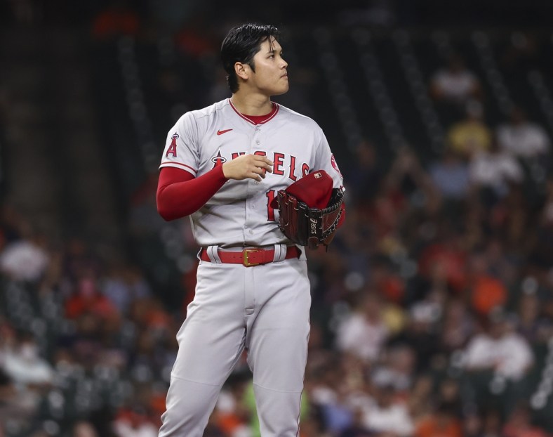 Sep 10, 2021; Houston, Texas, USA; Los Angeles Angels starting pitcher Shohei Ohtani (17) reacts after a pitch during the second inning against the Houston Astros at Minute Maid Park. Mandatory Credit: Troy Taormina-USA TODAY Sports