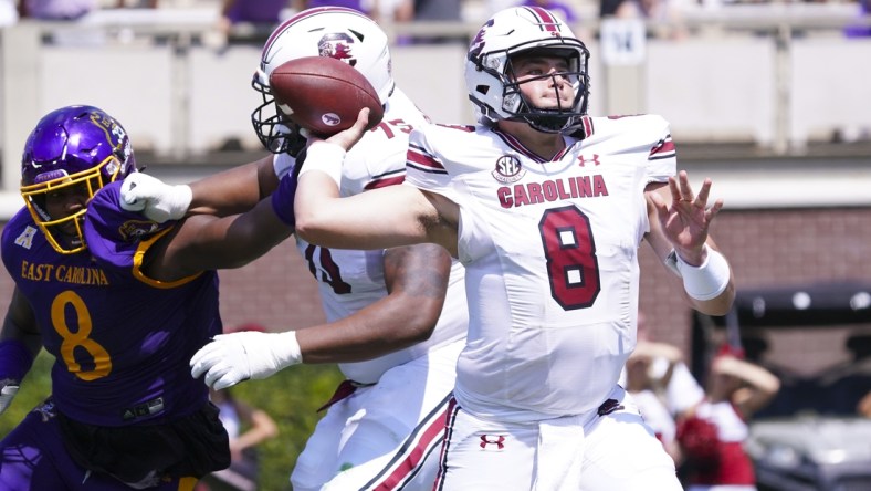 Sep 11, 2021; Greenville, North Carolina, USA;  South Carolina Gamecocks quarterback Zeb Noland (8) throws the ball during the first half against the East Carolina Pirates at Dowdy-Ficklen Stadium. Mandatory Credit: James Guillory-USA TODAY Sports