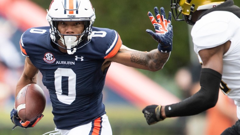 Auburn Tigers wide receiver Demetris Robertson (0) runs the ball after a catch at Jordan-Hare Stadium in Auburn, Ala., on Saturday, Sept. 11, 2021. Auburn Tigers leads Alabama State Hornets 20-0 at halftime.