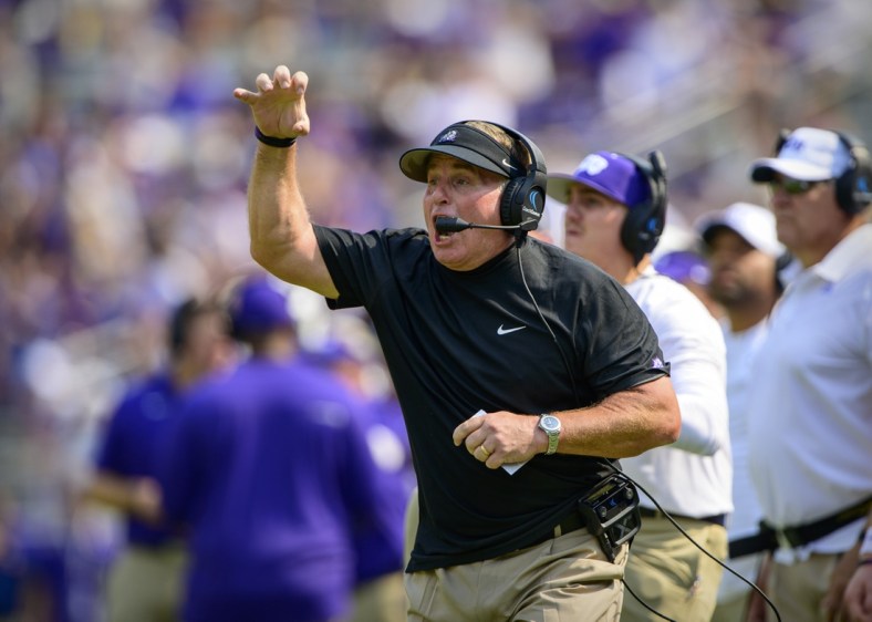 Sep 11, 2021; Fort Worth, Texas, USA; TCU Horned Frogs head coach Gary Patterson yells to his team during the first half against the California Golden Bears of the game at Amon G. Carter Stadium. Mandatory Credit: Jerome Miron-USA TODAY Sports