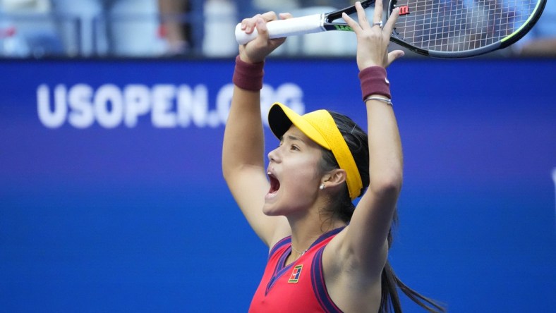 Sep 11, 2021; Flushing, NY, USA; Emma Raducanu of Great Britain reacts after winning the first set against Leylah Fernandez of Canada (not pictured) in the women's singles final on day thirteen of the 2021 U.S. Open tennis tournament at USTA Billie Jean King National Tennis Center. Mandatory Credit: Robert Deutsch-USA TODAY Sports