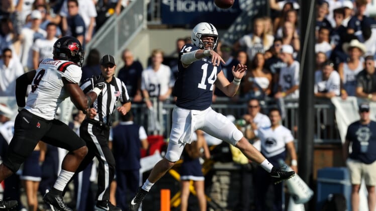 Sep 11, 2021; University Park, Pennsylvania, USA; Penn State Nittany Lions quarterback Sean Clifford (14) throws a pass during the second quarter against the Ball State Cardinals at Beaver Stadium. Mandatory Credit: Matthew OHaren-USA TODAY Sports