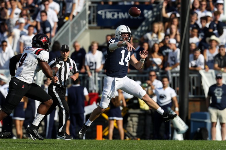 Sep 11, 2021; University Park, Pennsylvania, USA; Penn State Nittany Lions quarterback Sean Clifford (14) throws a pass during the second quarter against the Ball State Cardinals at Beaver Stadium. Mandatory Credit: Matthew OHaren-USA TODAY Sports