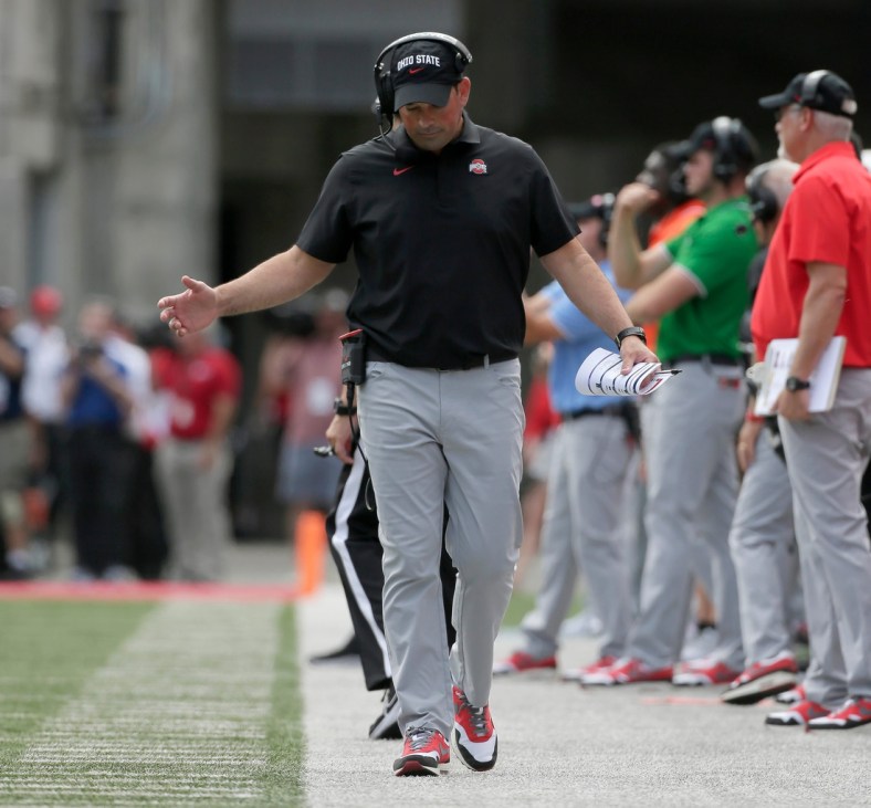 Ohio State Buckeyes head coach Ryan Day reacts to a play during Saturday's NCAA Division I football game against the Oregon Ducks at Ohio Stadium in Columbus on September 11, 2021.

Osu21ore Bjp 36