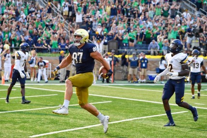 Sep 11, 2021; South Bend, Indiana, USA; Notre Dame Fighting Irish tight end Michael Mayer (87) scores in the fourth quarter against the Toledo Rockets at Notre Dame Stadium. Mandatory Credit: Matt Cashore-USA TODAY Sports