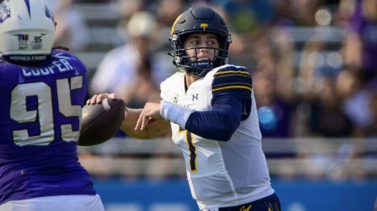 Sep 11, 2021; Fort Worth, Texas, USA; California Golden Bears quarterback Chase Garbers (7) drops back to pass against the TCU Horned Frogs during the second half of the game at Amon G. Carter Stadium. Mandatory Credit: Jerome Miron-USA TODAY Sports