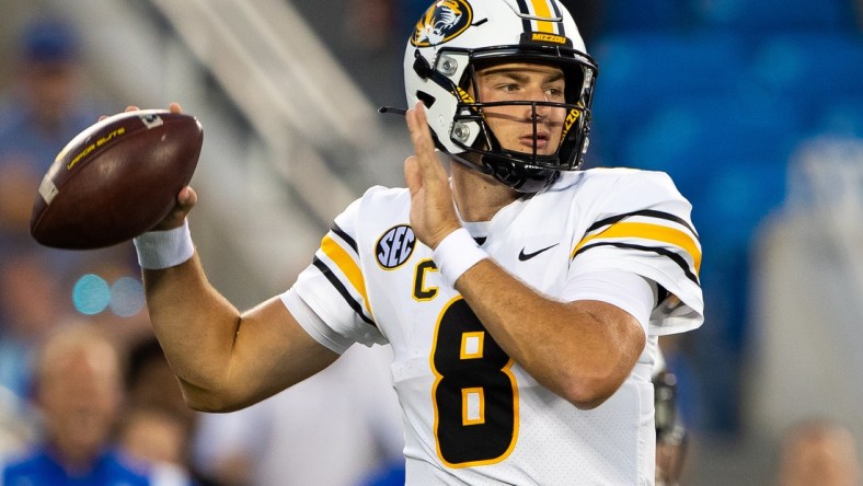 Sep 11, 2021; Lexington, Kentucky, USA; Missouri Tigers quarterback Connor Bazelak (8) lines up a pass during the first quarter against the Kentucky Wildcats at Kroger Field. Mandatory Credit: Jordan Prather-USA TODAY Sports