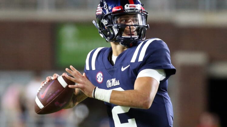 Sep 11, 2021; Oxford, Mississippi, USA; quarterback Matt Corral (2) throws a pass  against the Austin Peay Governors during the second quarter at Vaught-Hemingway Stadium. Mandatory Credit: Petre Thomas-USA TODAY Sports