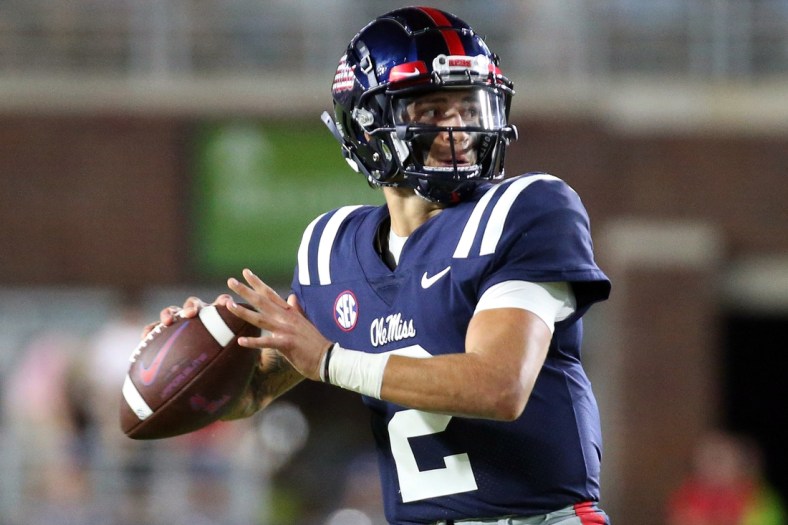 Sep 11, 2021; Oxford, Mississippi, USA; quarterback Matt Corral (2) throws a pass  against the Austin Peay Governors during the second quarter at Vaught-Hemingway Stadium. Mandatory Credit: Petre Thomas-USA TODAY Sports