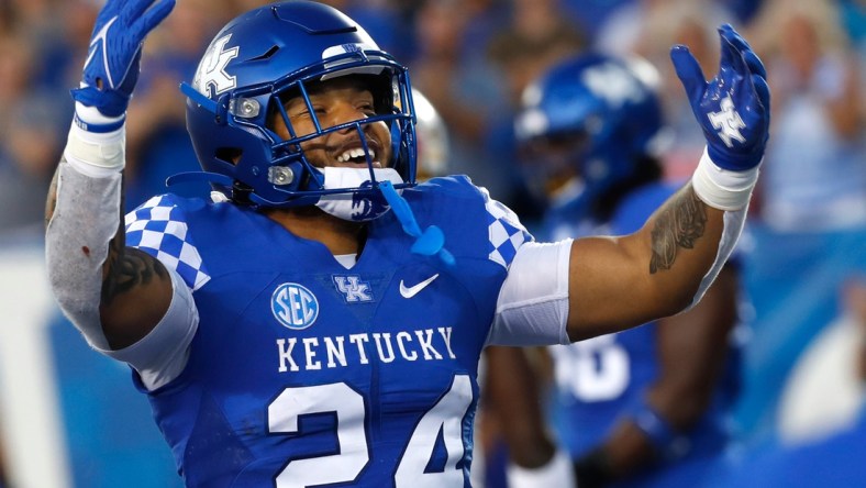 Kentucky   s Chris Rodriguez celebrates after he scores a touchdown against Missouri.Sept. 11, 2021

Uk Missouri 14