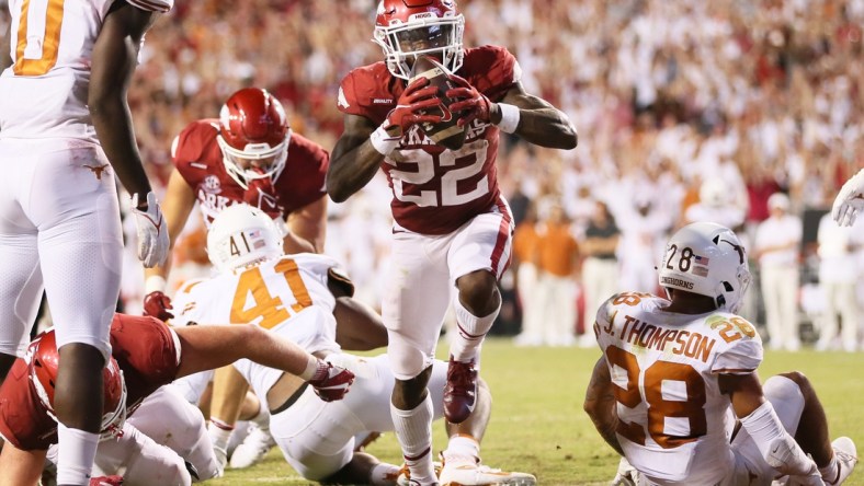 Sep 11, 2021; Fayetteville, Arkansas, USA; Arkansas Razorbacks running back Trelon Smith (22) celebrates after scoring a touchdown against the Texas Longhorns in the second half at Donald W. Reynolds Razorback Stadium. Arkansas won 40-21. Mandatory Credit: Nelson Chenault-USA TODAY Sports