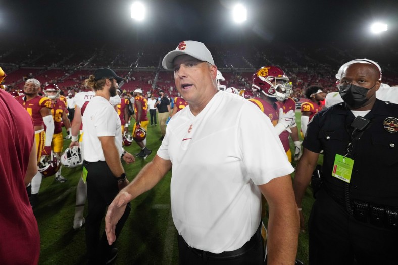 Sep 11, 2021; Los Angeles, California, USA; Southern California Trojans head coach Clay Helton reacts after a game against the Stanford Cardinal at United Airlines Field at Los Angeles Memorial Coliseum. Mandatory Credit: Kirby Lee-USA TODAY Sports
