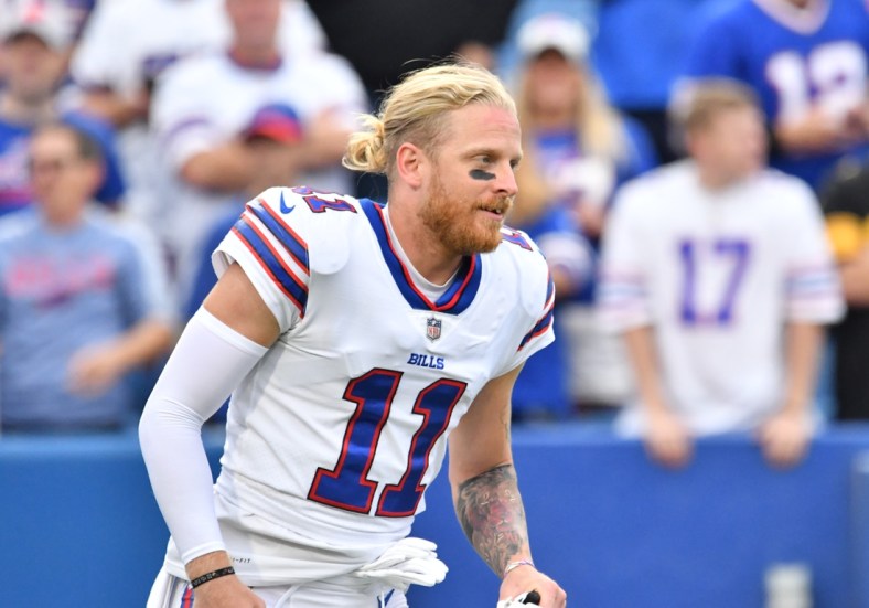 Sep 12, 2021; Orchard Park, New York, USA; Buffalo Bills wide receiver Cole Beasley (11) warms up prior to a game against the Pittsburgh Steelers at Highmark Stadium. Mandatory Credit: Mark Konezny-USA TODAY Sports