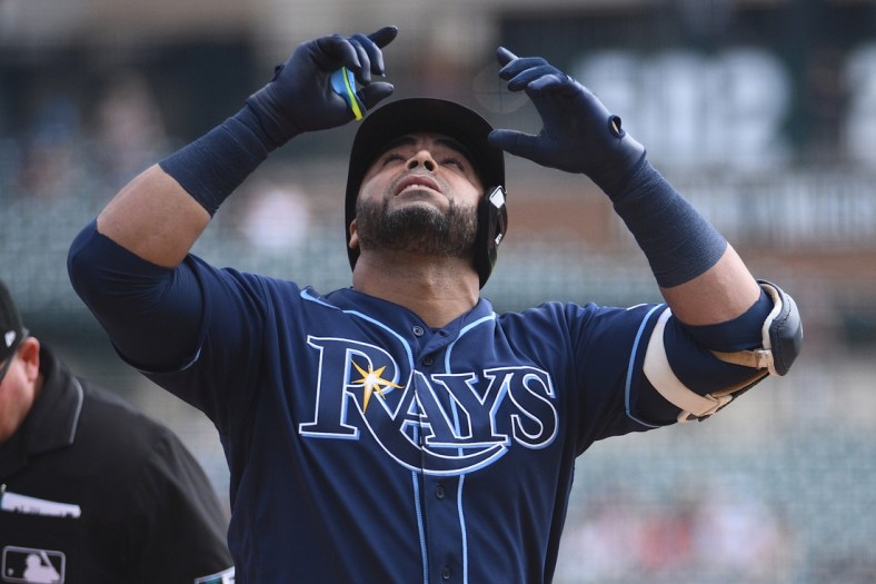 Sep 12, 2021; Detroit, Michigan, USA; Tampa Bay Rays designated hitter Nelson Cruz (23) celebrates after hitting a home run during the fourth inning against the Detroit Tigers at Comerica Park. Mandatory Credit: Tim Fuller-USA TODAY Sports