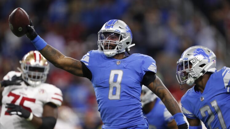 Sep 12, 2021; Detroit, Michigan, USA; Detroit Lions outside linebacker Jamie Collins (8) celebrates after recovering a fumble during the first quarter against the San Francisco 49ers at Ford Field. Mandatory Credit: Raj Mehta-USA TODAY Sports