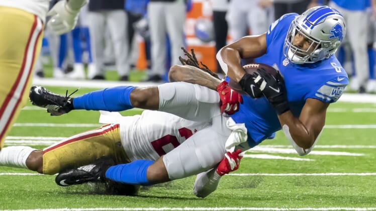 Sep 12, 2021; Detroit, Michigan, USA; Detroit Lions wide receiver Tyrell Williams (6) catches the ball for a first down in the first quarter against the San Francisco 49ers at Ford Field. Mandatory Credit: David Reginek-USA TODAY Sports
